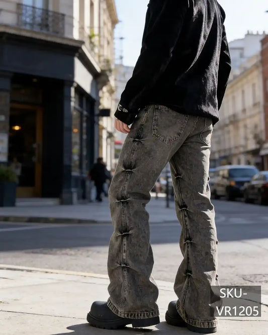 Streetwear Acid Wash Flared Jeans with Ruched Seam Detail - Men's Wide Leg Denim VR1205