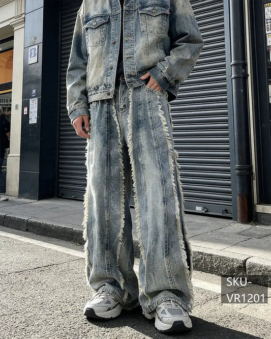 Vintage Washed Frayed Wide Leg Jeans Men's Streetwear Baggy Denim Pants VR1201