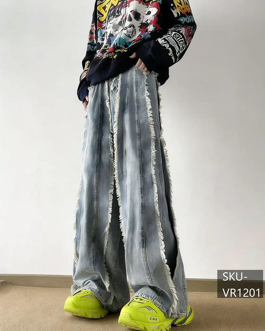 Vintage Washed Frayed Wide Leg Jeans Men's Streetwear Baggy Denim Pants VR1201