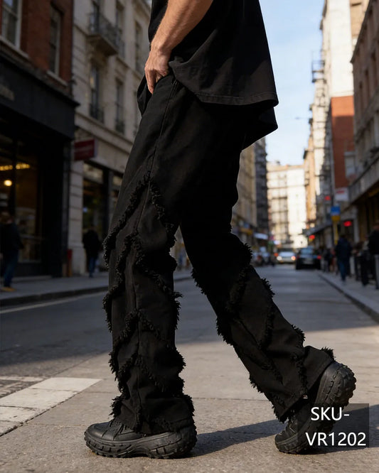 Vintage Washed Frayed Wide Leg Jeans Men's Streetwear Baggy Denim Pants VR1202