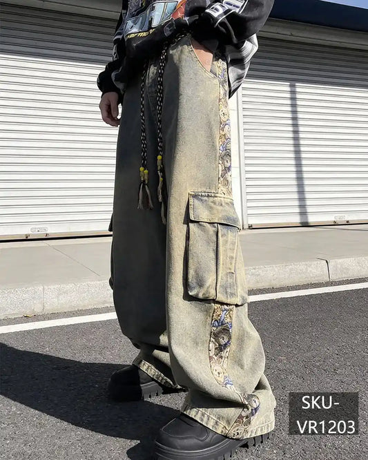 Vintage Washed Baroque Stripe Cargo Jeans Wide Leg Streetwear Pants for Men VR1203