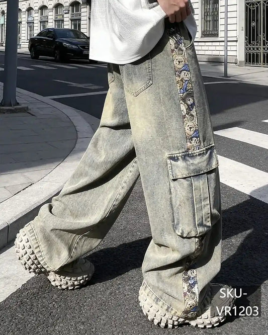 Vintage Washed Baroque Stripe Cargo Jeans Wide Leg Streetwear Pants for Men VR1203