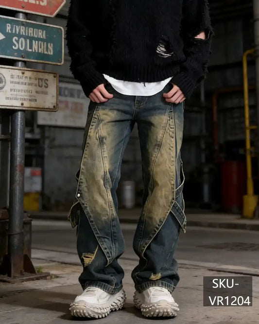 Men's Y2K Vintage Washed Distressed Jeans Wide Leg with Strap Detail VR1204