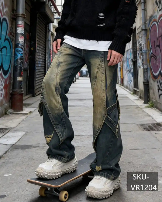 Men's Y2K Vintage Washed Distressed Jeans Wide Leg with Strap Detail VR1204
