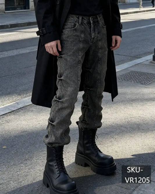 Streetwear Acid Wash Flared Jeans with Ruched Seam Detail - Men's Wide Leg Denim VR1205