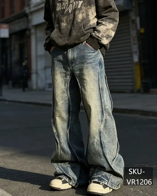 Streetwear Heavyweight Baggy Jeans - Vintage Wash Contrast Stitch Wide Leg Denim VR1206