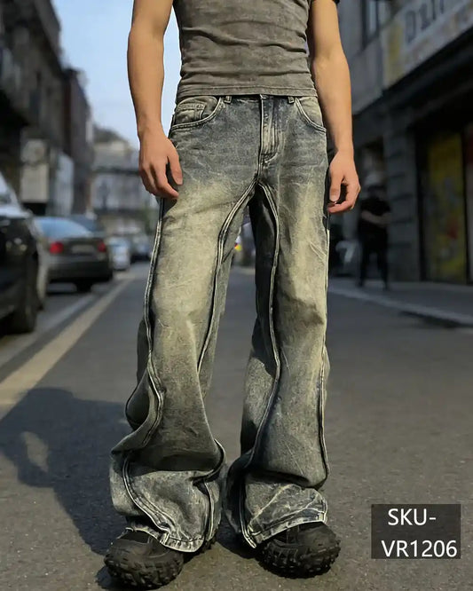 Streetwear Heavyweight Baggy Jeans - Vintage Wash Contrast Stitch Wide Leg Denim VR1206