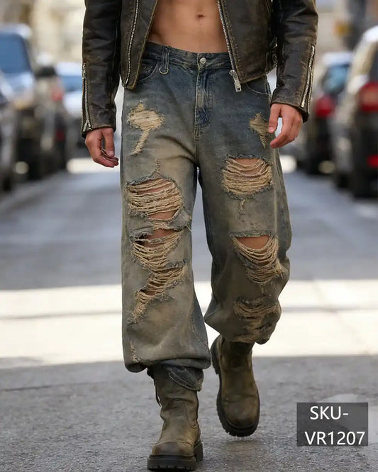 Men's Vintage Heavy Distressed Baggy Jeans Wide Leg Ripped Denim Pants VR1207