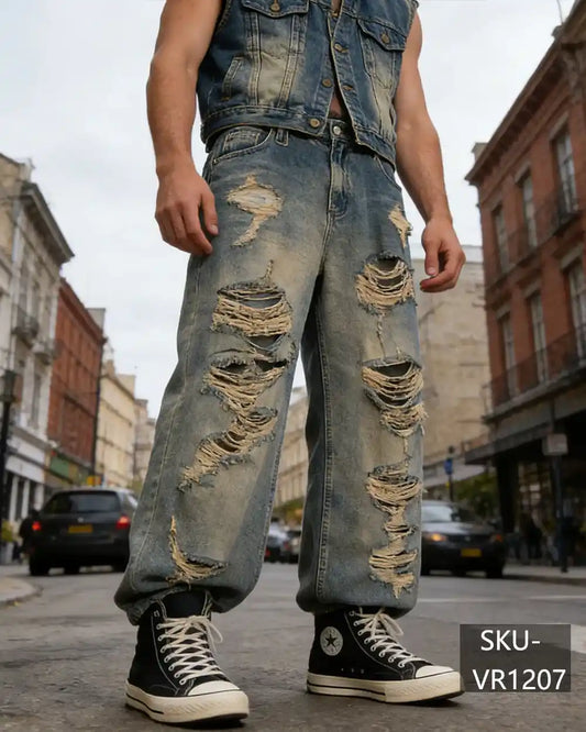 Men's Vintage Heavy Distressed Baggy Jeans Wide Leg Ripped Denim Pants VR1207