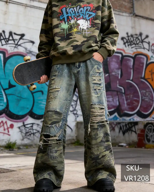 Men's Camo Patchwork Distressed Flare Jeans | Vintage Denim Wide Leg Pants VR1208