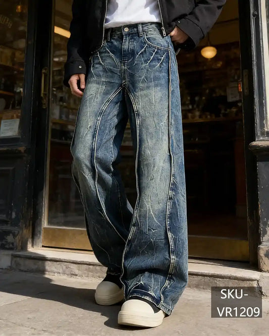 Men's Vintage Twisted Seam Wide Leg Jeans | Distressed Baggy Denim Pants VR1209