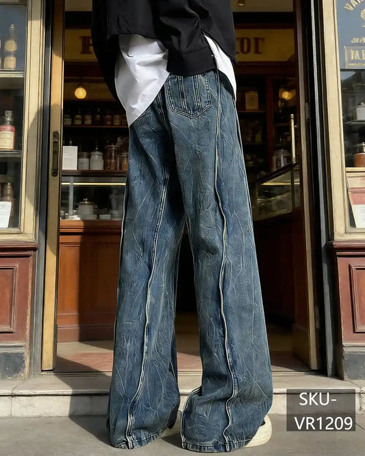 Men's Vintage Twisted Seam Wide Leg Jeans | Distressed Baggy Denim Pants VR1209