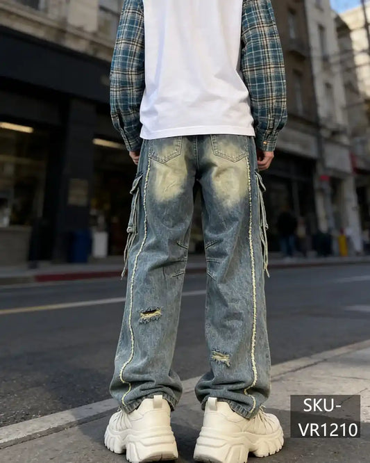 Men's Vintage Washed Cargo Jeans | Ripped Wide Leg Denim Pants with Pockets VR1210