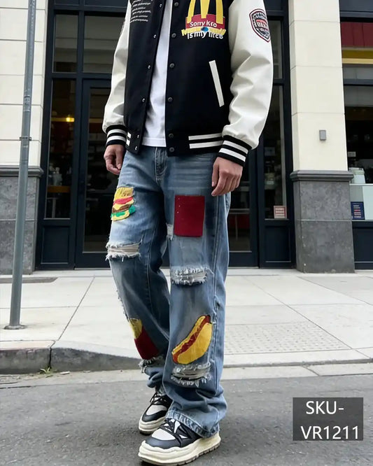 Men's Food Patchwork Distressed Baggy Jeans | Vintage Ripped Denim Pants VR1211