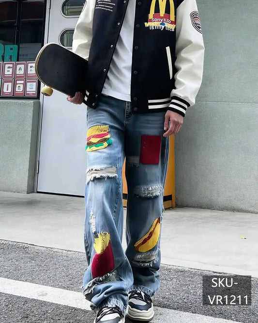 Men's Food Patchwork Distressed Baggy Jeans | Vintage Ripped Denim Pants VR1211