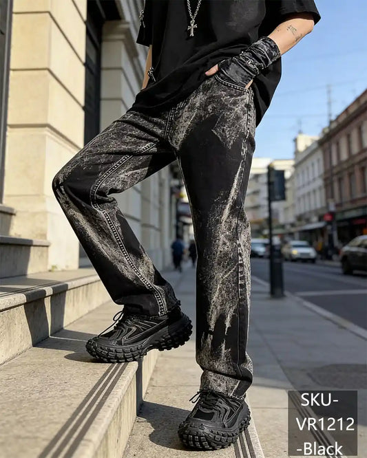 Men's Bleach Wash Wide Leg Jeans | Two-Tone Distressed Denim Pants VR1212