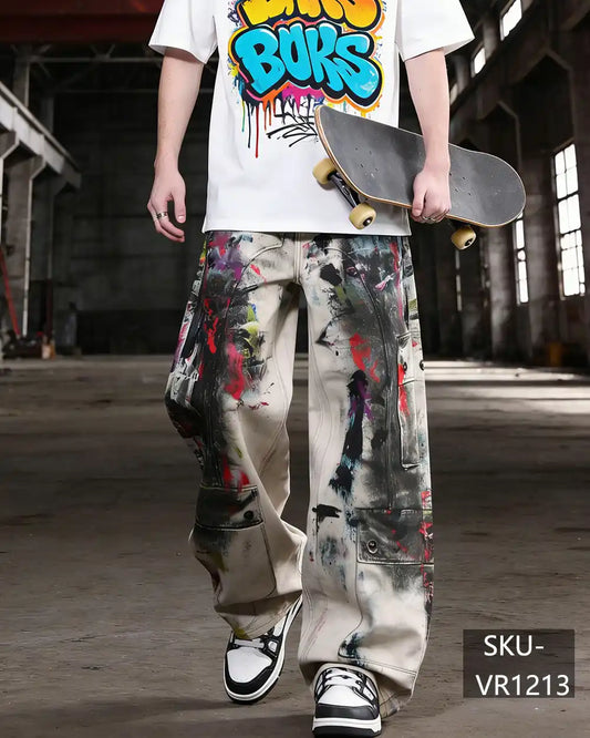Men's Paint Splatter Cargo Baggy Jeans | Vintage Artistic Wide Leg Denim Pants VR1213