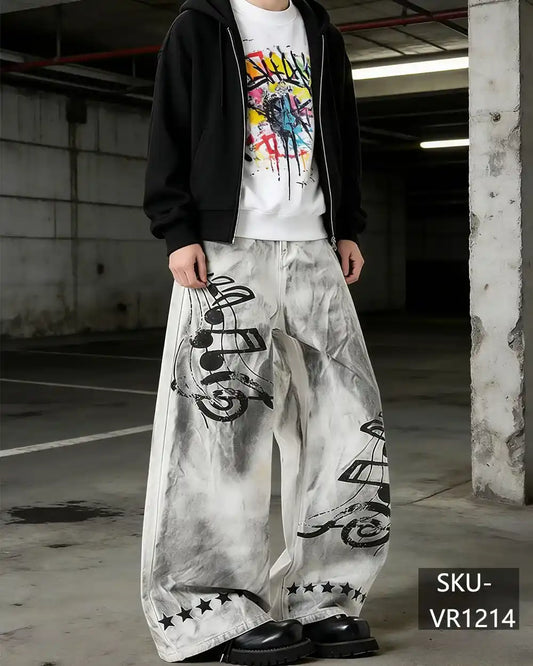 Men's Tie Dye Baggy Jeans Music Note & Star Print Wide Leg Skate Pants VR1214