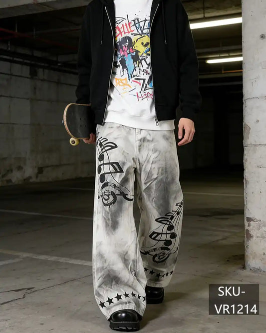Men's Tie Dye Baggy Jeans Music Note & Star Print Wide Leg Skate Pants VR1214