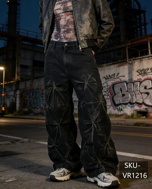 Men's Star Pleated Baggy Jeans | Washed Black Wide Leg Streetwea VR1216