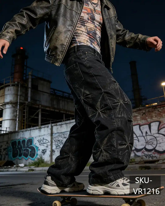 Men's Star Pleated Baggy Jeans | Washed Black Wide Leg Streetwea VR1216