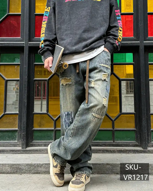 Men's Vintage Distressed Patchwork Baggy Jeans | Washed Blue Wide Leg Streetwear VR1217