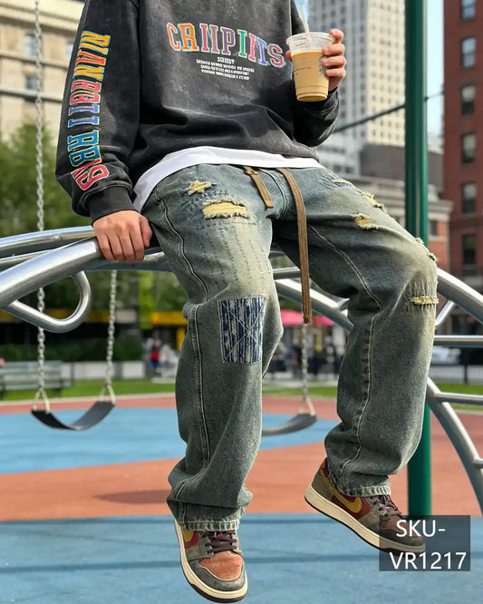 Men's Vintage Distressed Patchwork Baggy Jeans | Washed Blue Wide Leg Streetwear VR1217