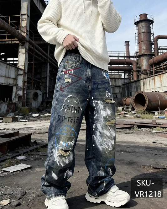 Men's Graffiti Distressed Baggy Jeans Ripped Wide Leg Denim Pants Streetwear Skateboard Jeans VR1218