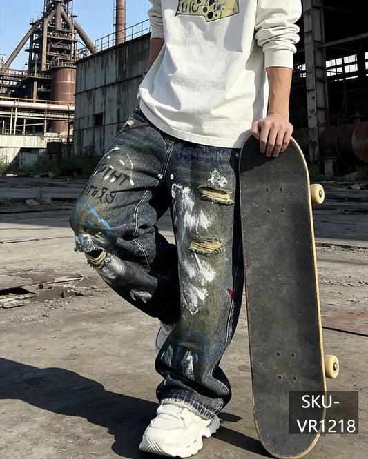 Men's Graffiti Distressed Baggy Jeans Ripped Wide Leg Denim Pants Streetwear Skateboard Jeans VR1218