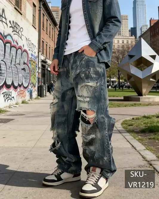 Men's Heavy Distressed Ripped Baggy Jeans Vintage Washed Wide Leg Skate Denim Pants Y2K Streetwear VR1219