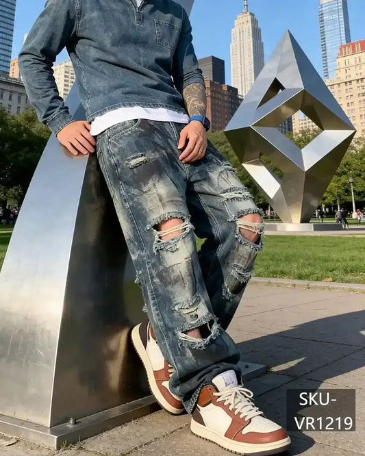 Men's Heavy Distressed Ripped Baggy Jeans Vintage Washed Wide Leg Skate Denim Pants Y2K Streetwear VR1219