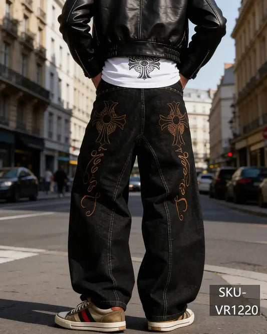 Men's Cross Embroidered Baggy Jeans Black Wide Leg Streetwear Denim Pants Y2K Gothic Skate Jeans VR1220