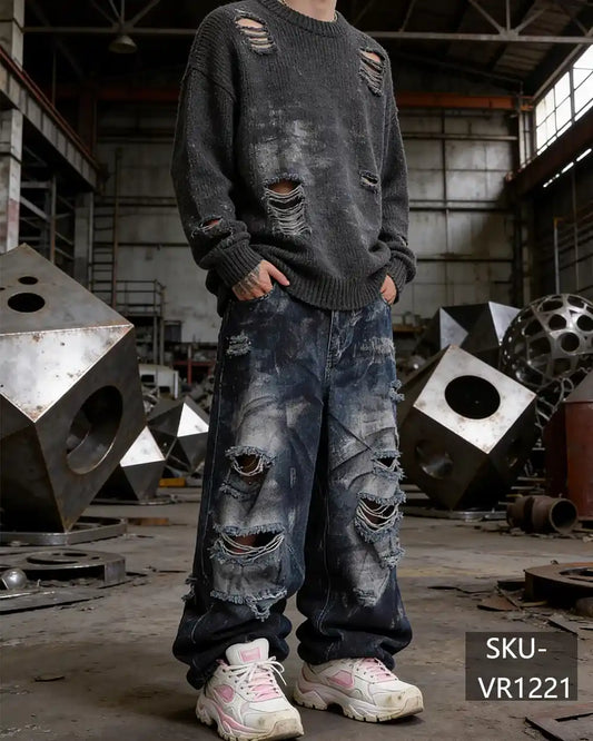 Vintage Distressed Wide Leg Jeans Men - Heavy Ripped Wash Denim Pants VR1221