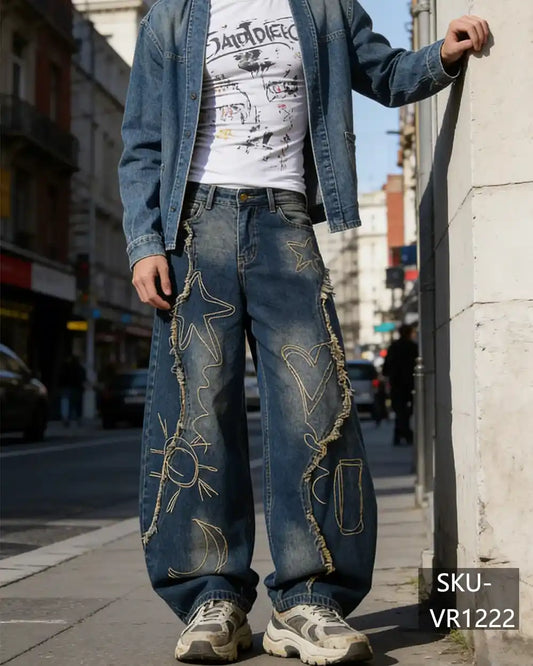 Men's Y2K Wide Leg Jeans - Vintage Distressed Star Moon Denim Pants VR1222