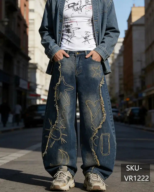 Men's Y2K Wide Leg Jeans - Vintage Distressed Star Moon Denim Pants VR1222