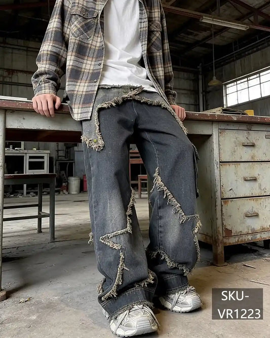Vintage Distressed Star Patch Baggy Cargo Jeans Men Y2K Streetwear Wide Leg Denim Pants VR1223