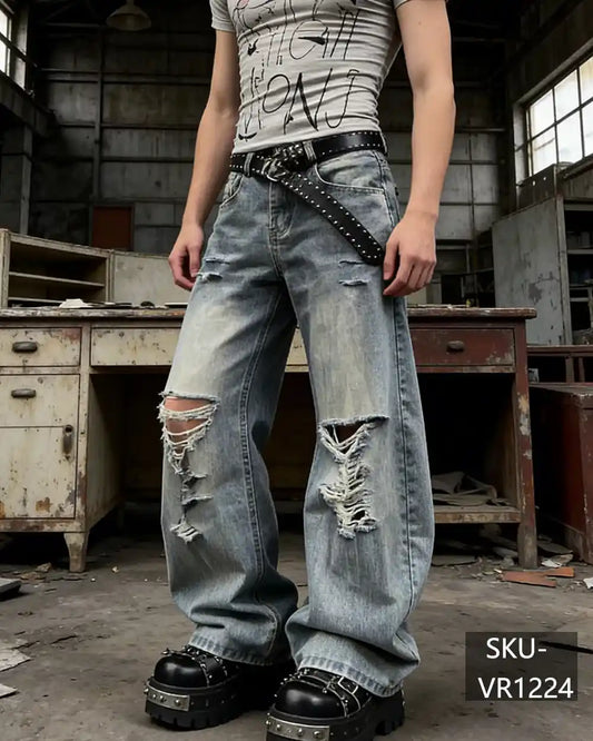 Men's Y2K Distressed Ripped Baggy Wide Leg Jeans Vintage Washed Skate Streetwear Denim Pants VR1224