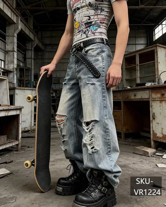 Men's Y2K Distressed Ripped Baggy Wide Leg Jeans Vintage Washed Skate Streetwear Denim Pants VR1224
