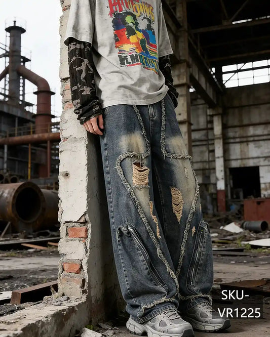Vintage Distressed Patchwork Baggy Jeans Men Y2K Grunge Ripped Wide Leg Denim Pants with Zippers VR1225