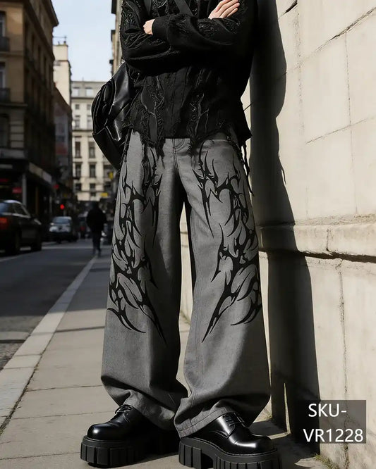 Men's Y2K Tribal Print Baggy Wide Leg Jeans Gothic Streetwear Grey Denim Pants VR1228