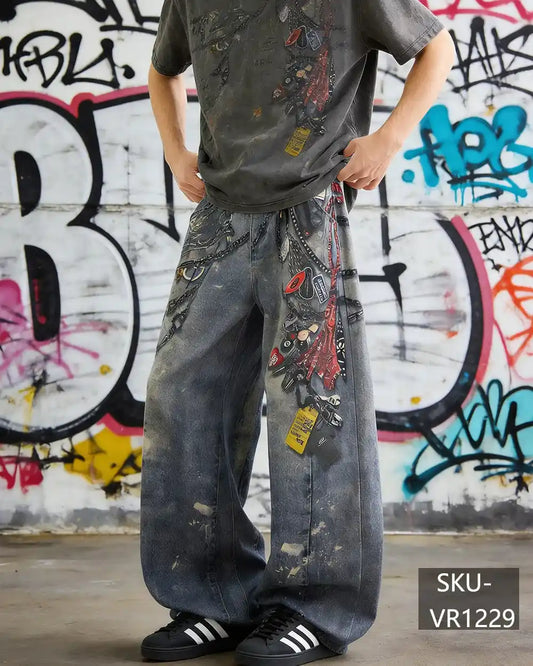 Men's Y2K Graffiti Print Distressed Baggy Wide Leg Jeans Vintage Streetwear Patchwork Denim Pants VR1229