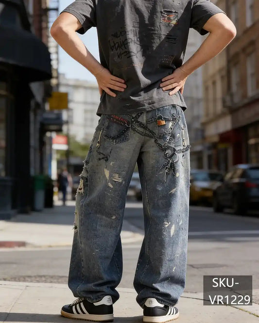 Men's Y2K Graffiti Print Distressed Baggy Wide Leg Jeans Vintage Streetwear Patchwork Denim Pants VR1229