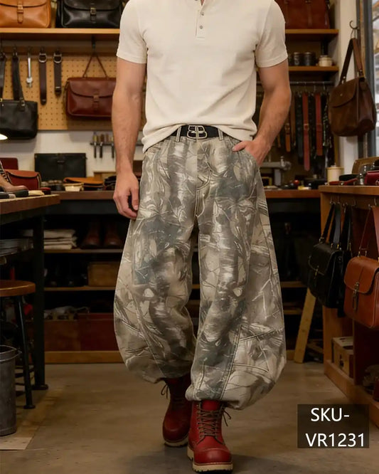 Mens Y2K Tree Camo Baggy Wide Leg Jeans Vintage Streetwear Grey Denim Pants VR1231