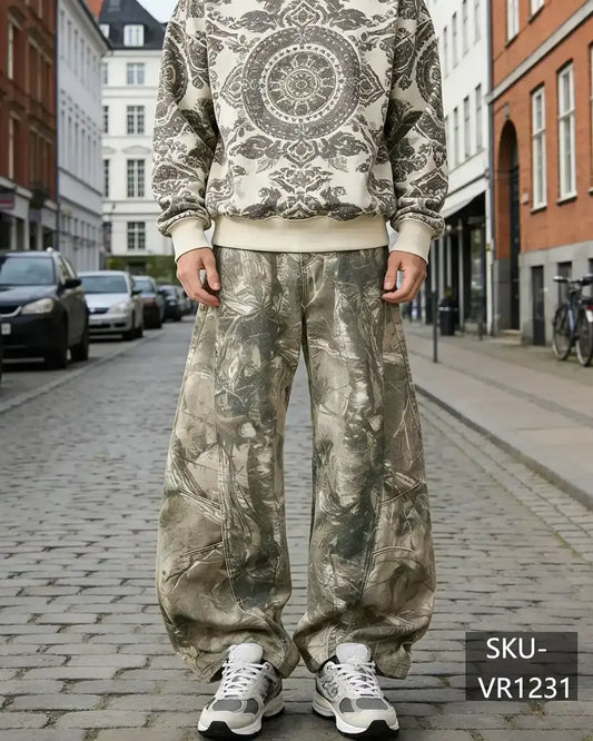Mens Y2K Tree Camo Baggy Wide Leg Jeans Vintage Streetwear Grey Denim Pants VR1231