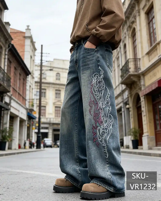 Mens Y2K Gothic Flame Embroidery Baggy Wide Leg Jeans Vintage Streetwear Denim Pants VR1232