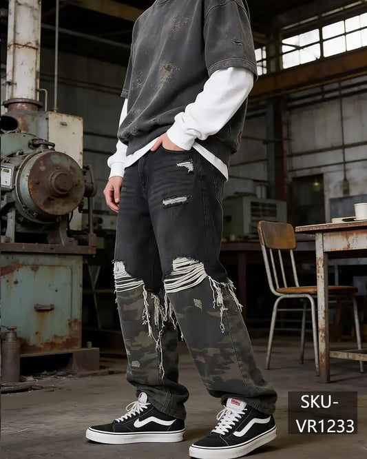 Mens Y2K Distressed Camo Patchwork Baggy Jeans Heavy Ripped Fringe Streetwear Denim Pants VR1233