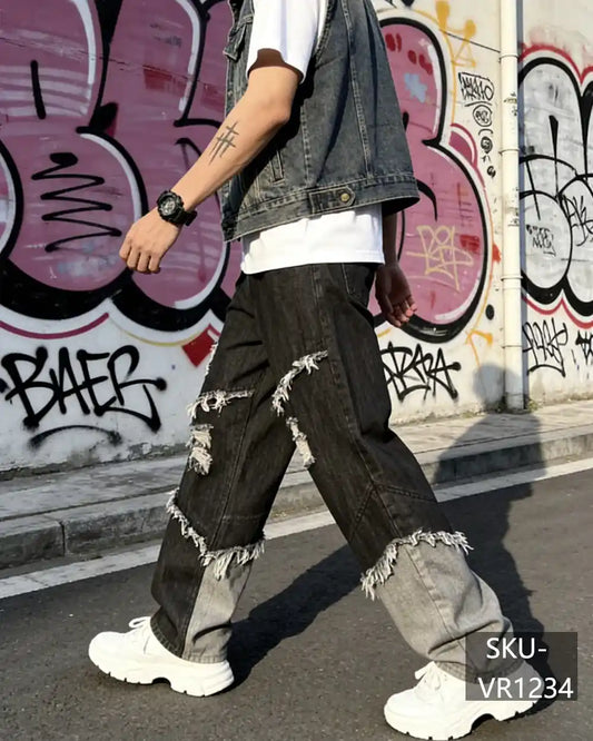 Mens Y2K Two Tone Distressed Ripped Baggy Wide Leg Jeans Vintage Streetwear Denim Pants VR1234