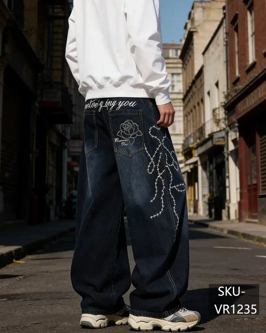 Mens Y2K Rose Barbed Wire Embroidery Baggy Wide Leg Jeans Vintage Streetwear Denim Pants VR1235