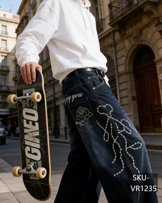 Mens Y2K Rose Barbed Wire Embroidery Baggy Wide Leg Jeans Vintage Streetwear Denim Pants VR1235