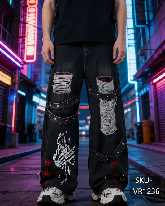 Mens Y2K Gothic Skeleton Hand Plaid Patchwork Distressed Baggy Wide Leg Jeans VR1236